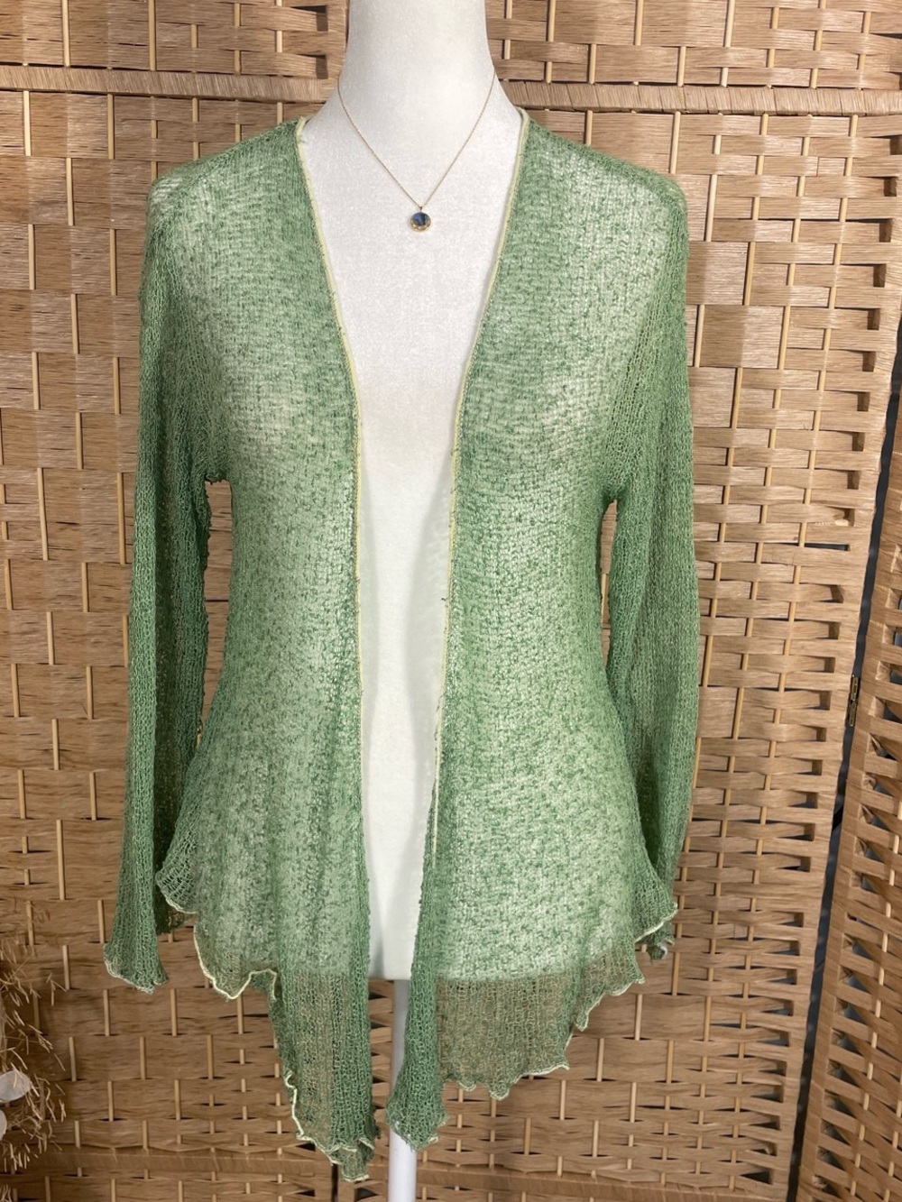 Light Green Open-Front Women's Semi Sheer Fishnet Knit Cardigan Blouse